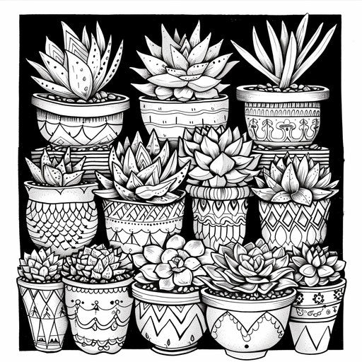 Succulent plants in terracotta pots with intricate designs. Coloring book page