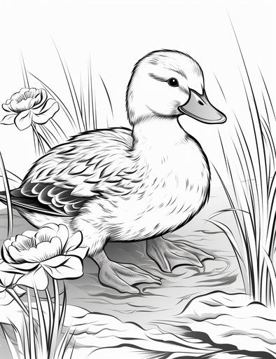 Coloring pages of cute ducks, tender pictorial style of nature