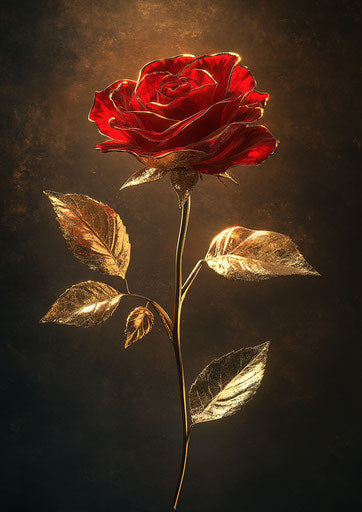 Red rose with golden leaves, elegant atmosphere