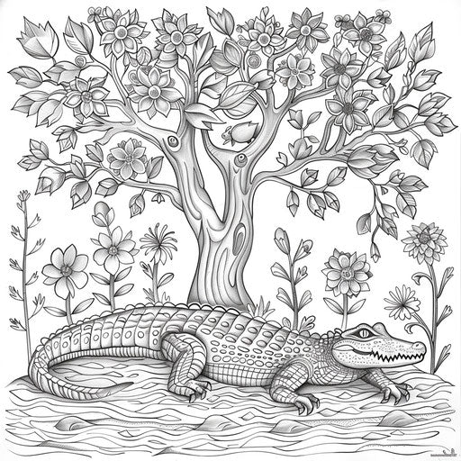 Crocodile resting under a tree with detailed leaves
