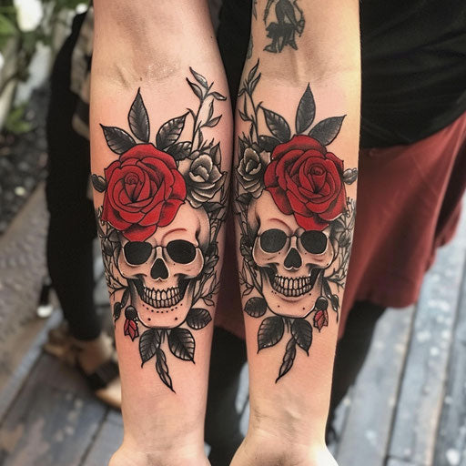 Sibling tattoos in the style of Ed Hardy with roses and skulls