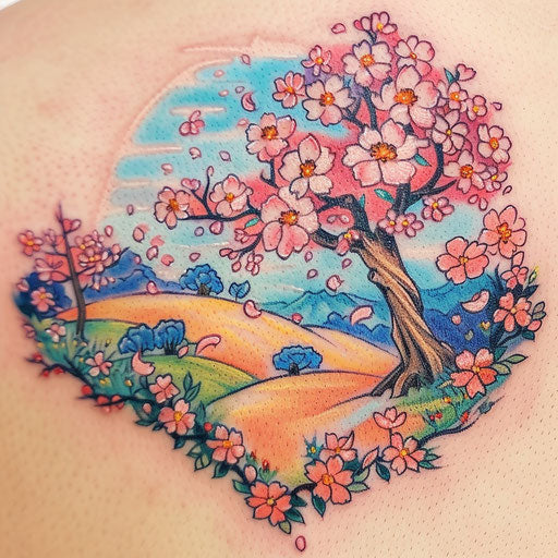 Vibrant flat tattoo sketch of a colorful sakura landscape under a bright blue sky