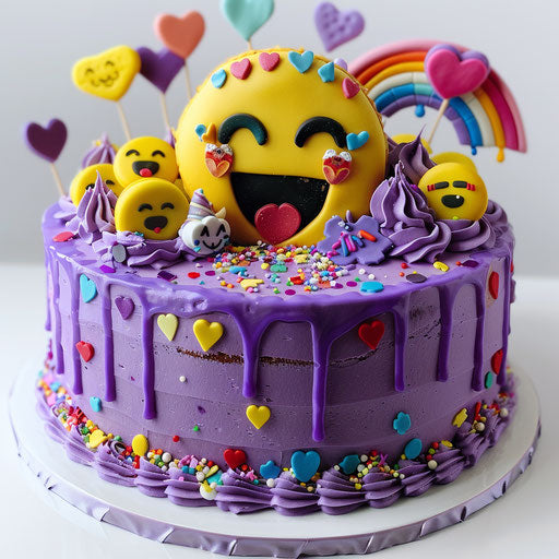 Purple cake with various emoticons and symbols