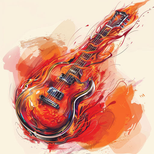 Dynamic tattoo sketch of a guitar with flaming strings in vibrant red and orange, clipart style
