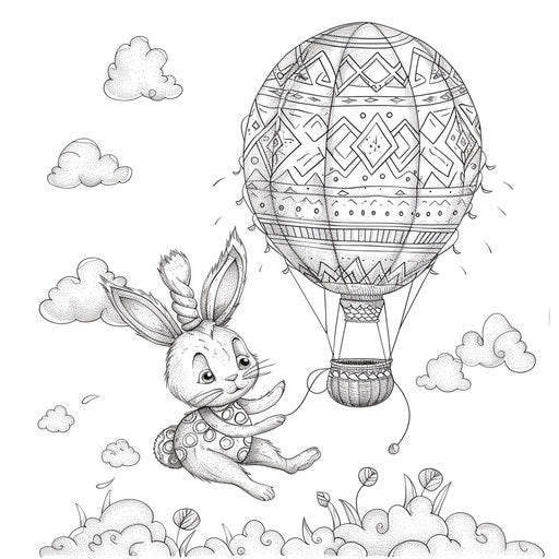 Easter bunny flying with egg-shaped hot air balloon