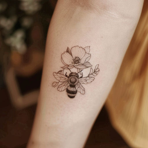 Minimalist flat tattoo sketch of a tiny bee on a delicate flower