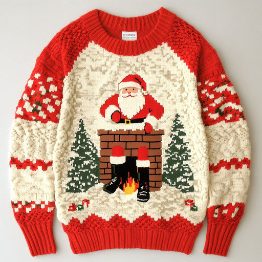 Retro ugly sweater with 3D Santa stuck in chimney
