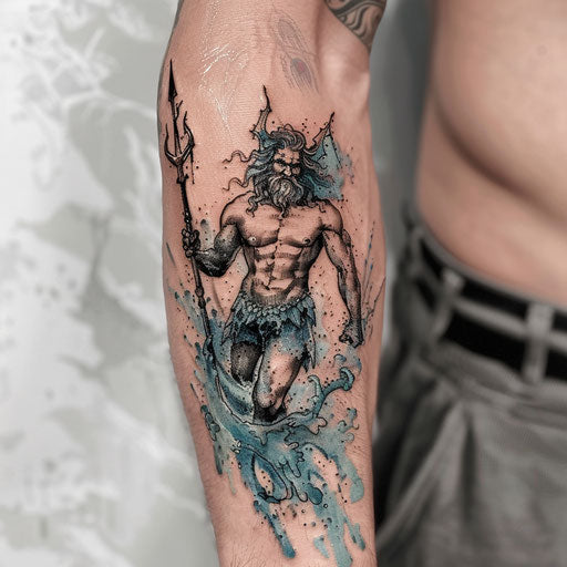 Detailed tattoo art of Poseidon emerging from the sea with trident