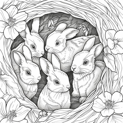 A peaceful rabbit family in a burrow surrounded by nature. Coloring book page