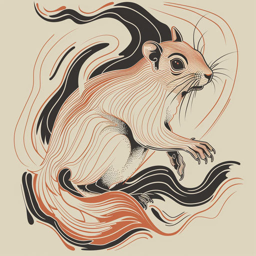 Flat tattoo sketch of a squirrel in a dynamic pose with abstract wind lines