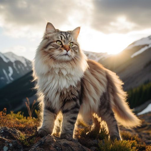 A Siberian cat in front of mountain scenery