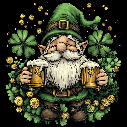 St. Patrick's Day, a cute bearded gnome holding two mugs of beer, surrounded by clovers and gold coins, in a color pencil-style, cartoonish clipart on a black background.