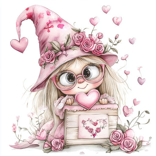 Adorable Valentine gnome girl with roses and hearts