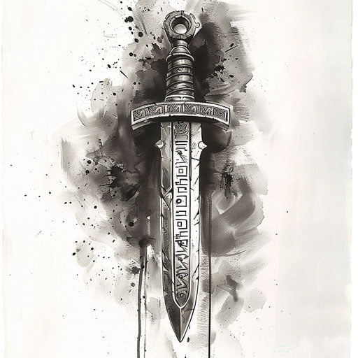 Spartan sword with ancient Greek script black ink white background