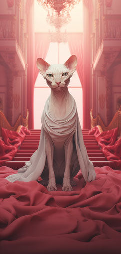 Sphynx cat on red carpet, disfigured forms, warm white and light pink