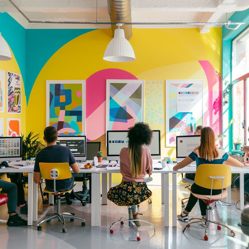 Lively creative agency workspace with designers working on graphics, colorful and trendy interior