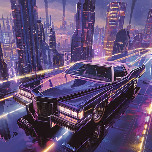 1983 Coupe DeVille with retro-futuristic conversion cruising in sci-fi cityscape