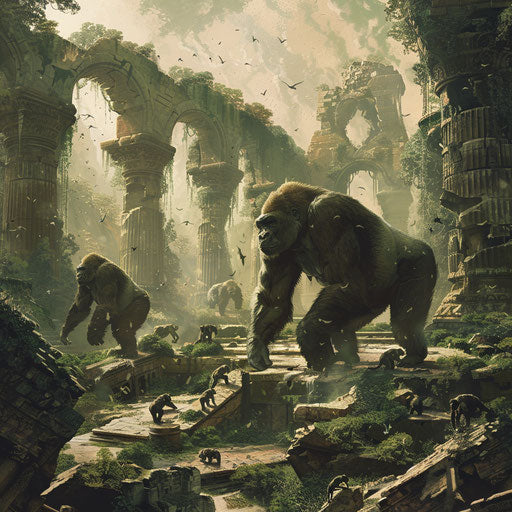 Surreal landscape with gorillas in ancient ruins