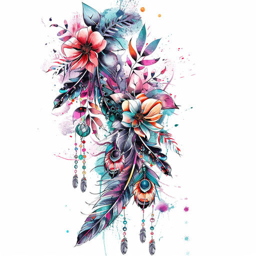 Boho chic floral tattoo design, with feathers and beads, on white background