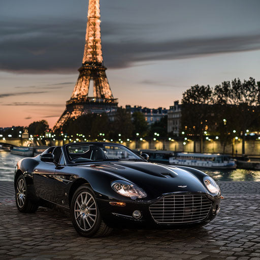 Black Aston Martin DB7 Zagato convertible under Eiffel Tower at dusk