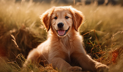 Golden retriever puppy sitting in the grass, in the style of dark orange and light gold, happycore, joyful 12:7