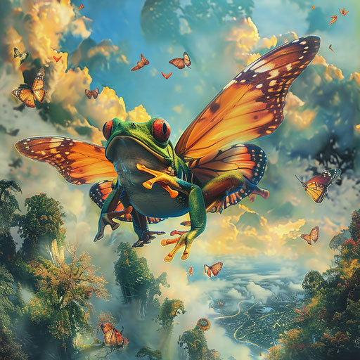 The frog with butterfly wings in a fantastical landscape