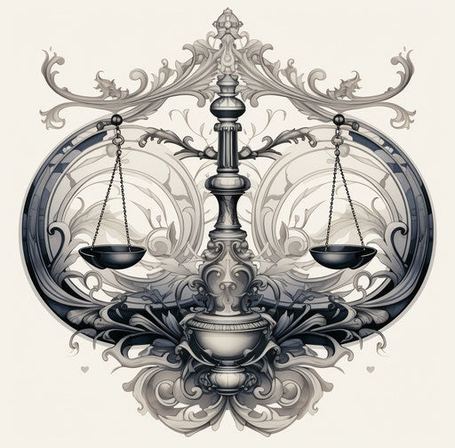 Ornate circular justice scale on black and white background