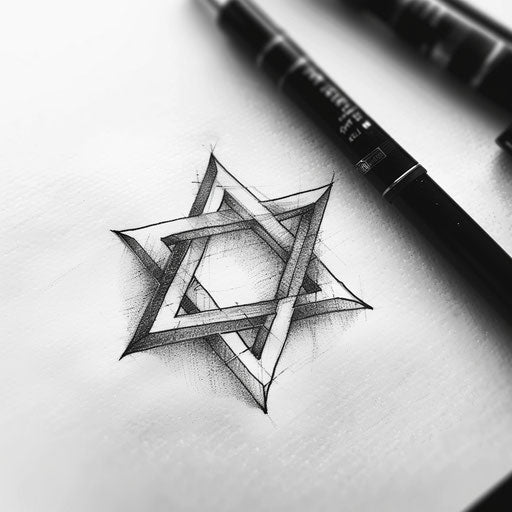 Graphic tattoo sketch of a Star of David with sharp lines and a clean, modern look