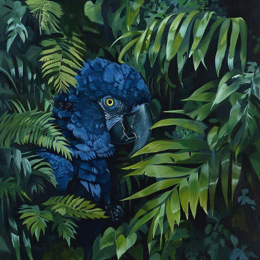 Spix's macaw hiding in lush foliage of tropical rainforest