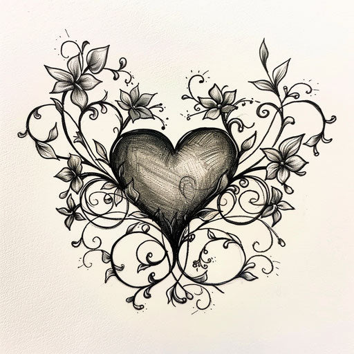 Black heart encircled by swirling floral vines