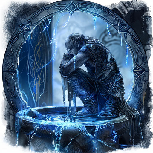 Reflective tattoo sketch of Baldur looking into a well of wisdom