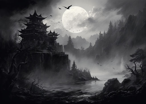 Bird of the night and stone castle black and white