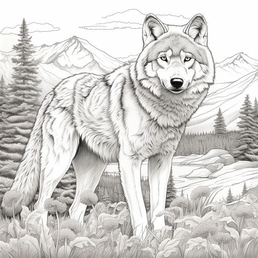 Wolf in the Mountains - coloring book pages