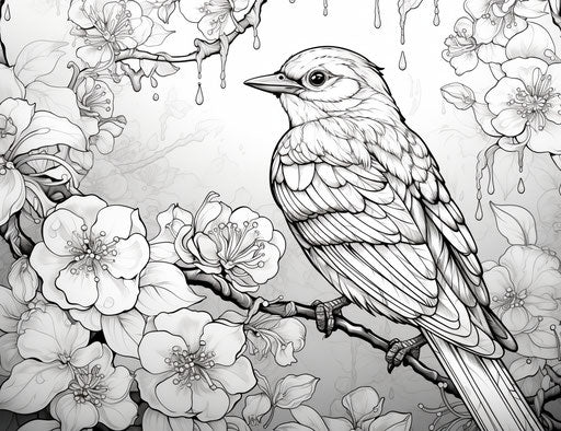 Flower and bird coloring page with rain fall inc rain