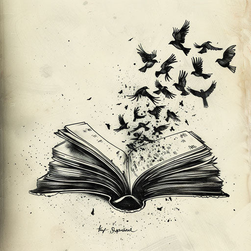 Flat tattoo sketch of an open book with pages turning into birds, symbolizing dreams