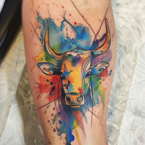 Abstract bull with vibrant watercolor splashes