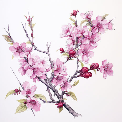 Blooms on branches, bold kuromicore style, white background, cherry blossoms, scientific illustration