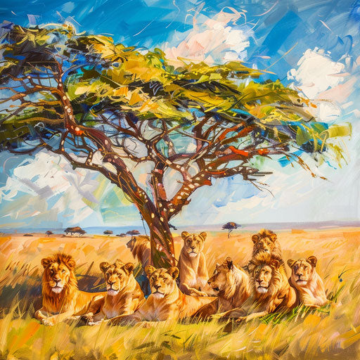 Vibrant scene of a pride of lions resting under an acacia tree during a heatwave