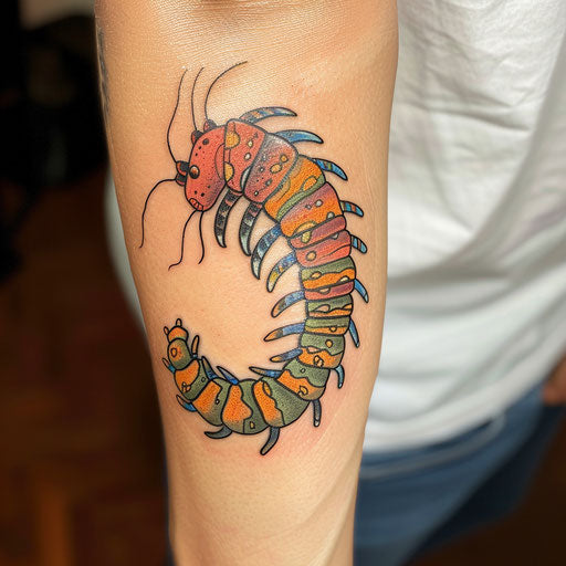 Comic style centipede tattoo with bold lines and vibrant colors, on white background