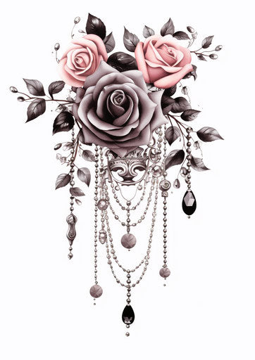Suspended beads and roses, dark romanticism in black and white