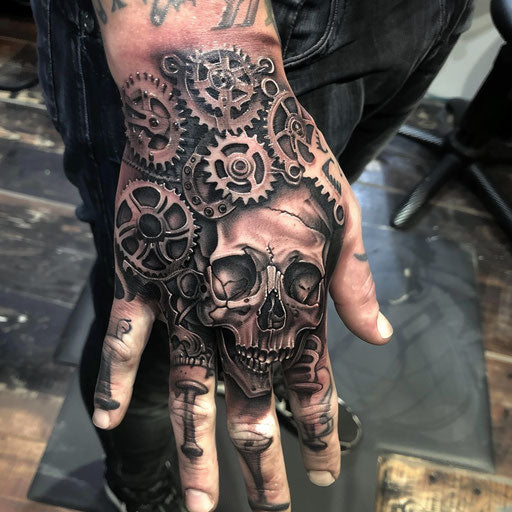 Skull hand tattoo in Adrian Smith style with mechanical gears