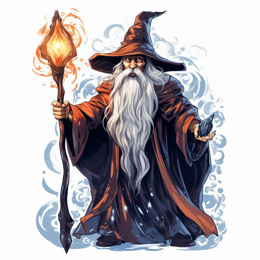 Wizard illustration in the style of Chiaroscuro Art, on white background