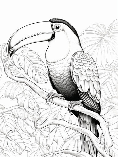 Animal coloring for kids toucan coloring page by, masterful shading style, exotic landscapes 3:4