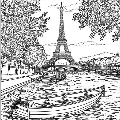Eiffel Tower view from Seine with boats and water textures
