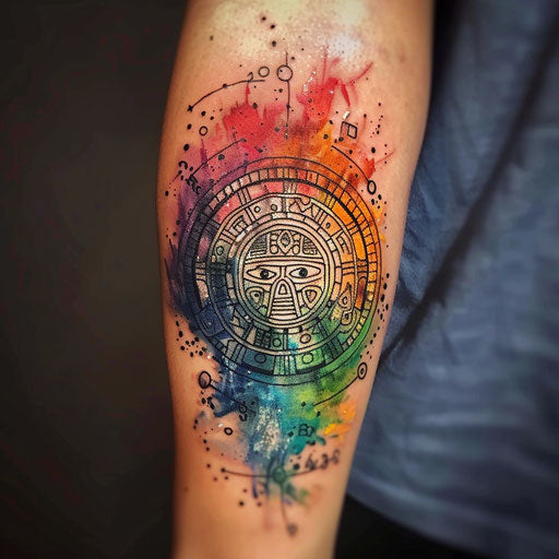 Cosmic Mayan calendar tattoo with bright celestial bodies on white