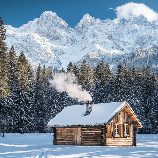 Wooden cabin in snowy mountains