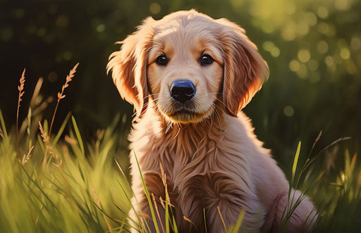 Golden retriever puppy sitting in grass