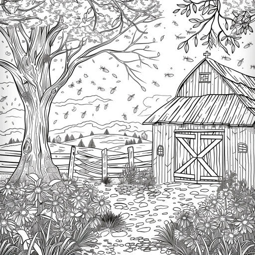 A whimsical scene of a barn at night with fireflies glowing around. Coloring book page