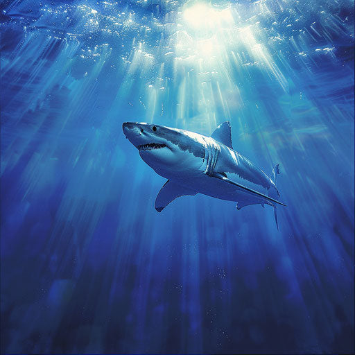 Great white shark gliding in the deep blue sea with rays of light