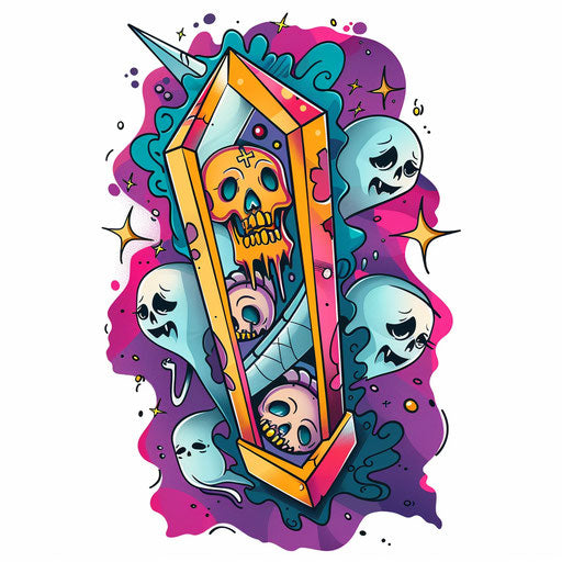 Whimsical flat tattoo sketch of cartoonish coffin
